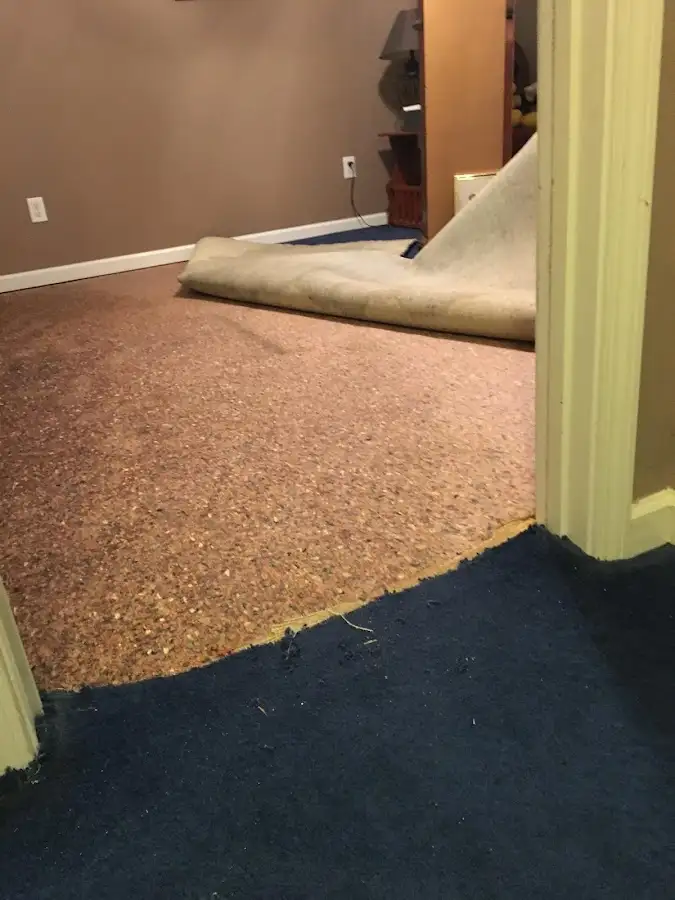 Carpet pad removal revealing water damage during Water Mitigation Services in Ottumwa